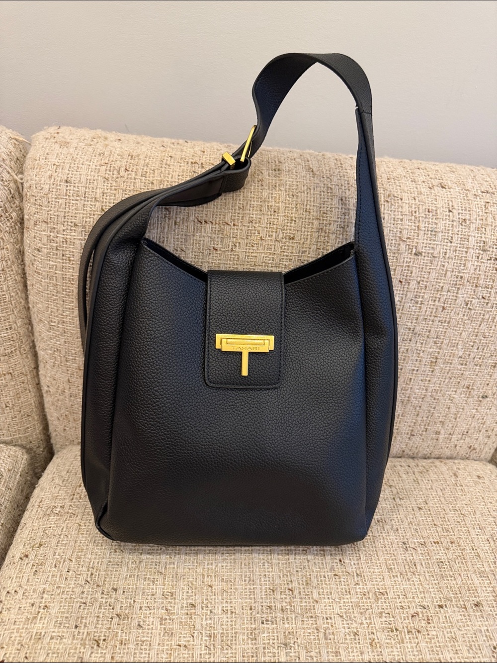 Black Leather Shoulder Bag with Gold T-Clasp